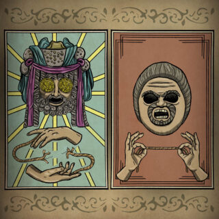 woodblock-style images showing a face with gold coins for eyes on the left, holding a broken thread, and a hollow-eyed mask on the right, holding an intact thread