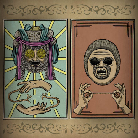 woodblock-style images showing a face with gold coins for eyes on the left, holding a broken thread, and a hollow-eyed mask on the right, holding an intact thread