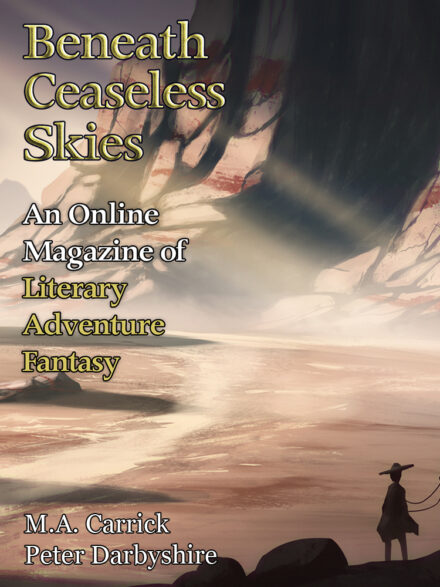 cover art for Beneath Ceaseless Skies #388, showing a traveler in a desert