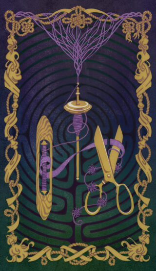 Woodblock-style card back, with an ornate golden border of rope and ribbon surrounding a spindle, a shuttle, and shears, through which runs purple material that goes from loose fibers to thread to a ribbon to Asian-style knotwork