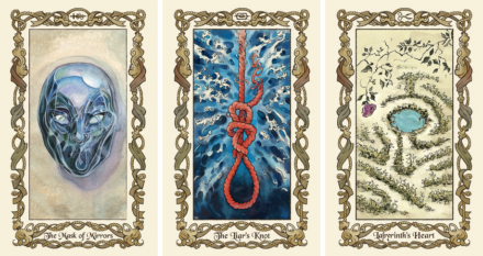 A triptych of cards from the pattern deck, showing The Mask of Mirrors (a reflective face with no mouth), The Liar's Knot (an unraveling red noose-like knot against a watery background), and Labyrinth's Heart (a peaceful pool of water amid a looping path through low greenery)