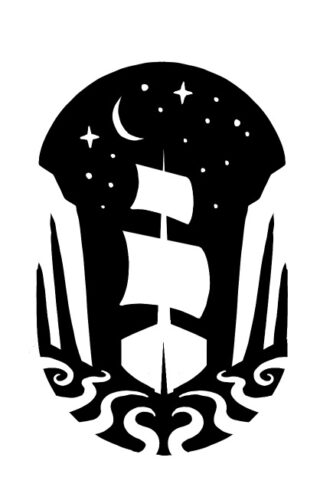 A black-and-white icon showing a ship sailing between two tall cliffs. Above are the stars, and below are lines in the water that might be tentacles . . . Icon design by inkshark.