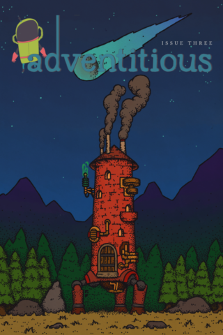 cover art for issue #3 of Adventitious, showing a steampunk red tower on legs, belching smoke, in a nightttime forest