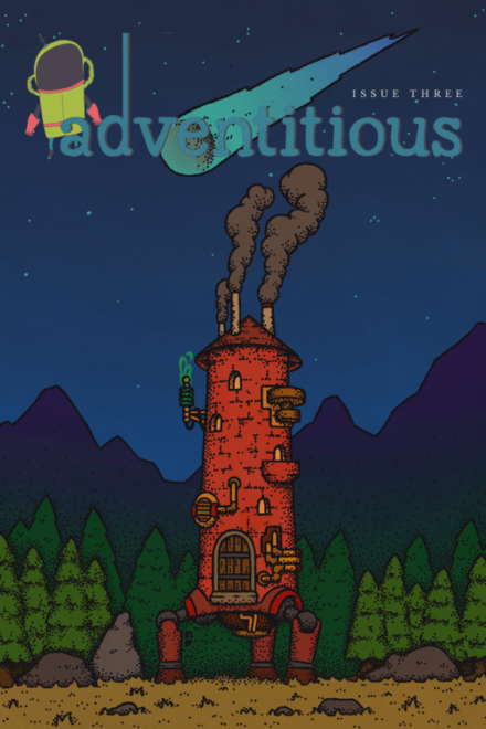 cover art for issue #3 of Adventitious, showing a steampunk red tower on legs, belching smoke, in a nightttime forest
